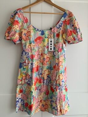 RIXO Floral Puff-Sleeve Mini Dress In Multicolor Size M